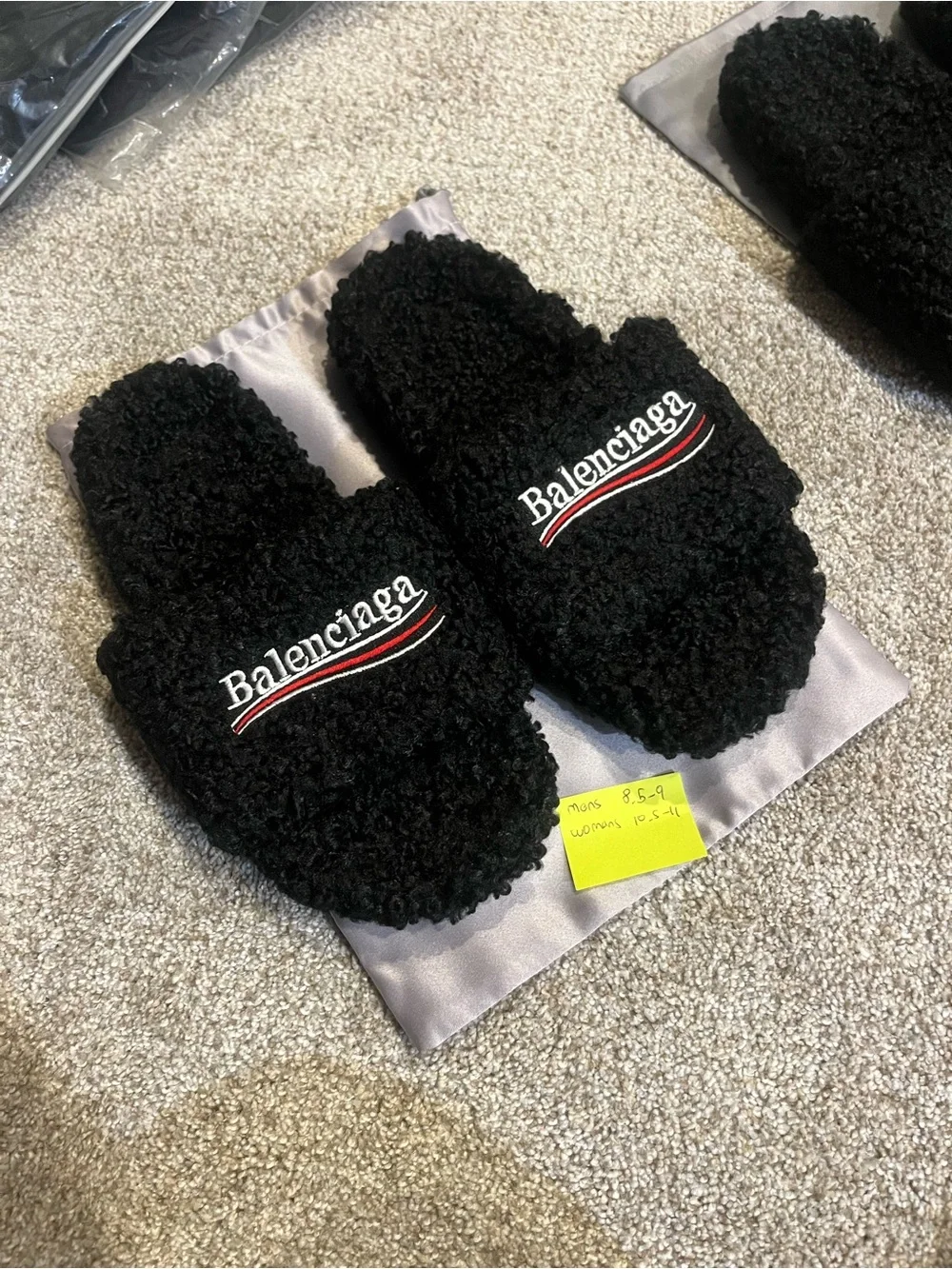 Balenciaga Black Sherpa Logo Slide Slippers with Red & White Accents